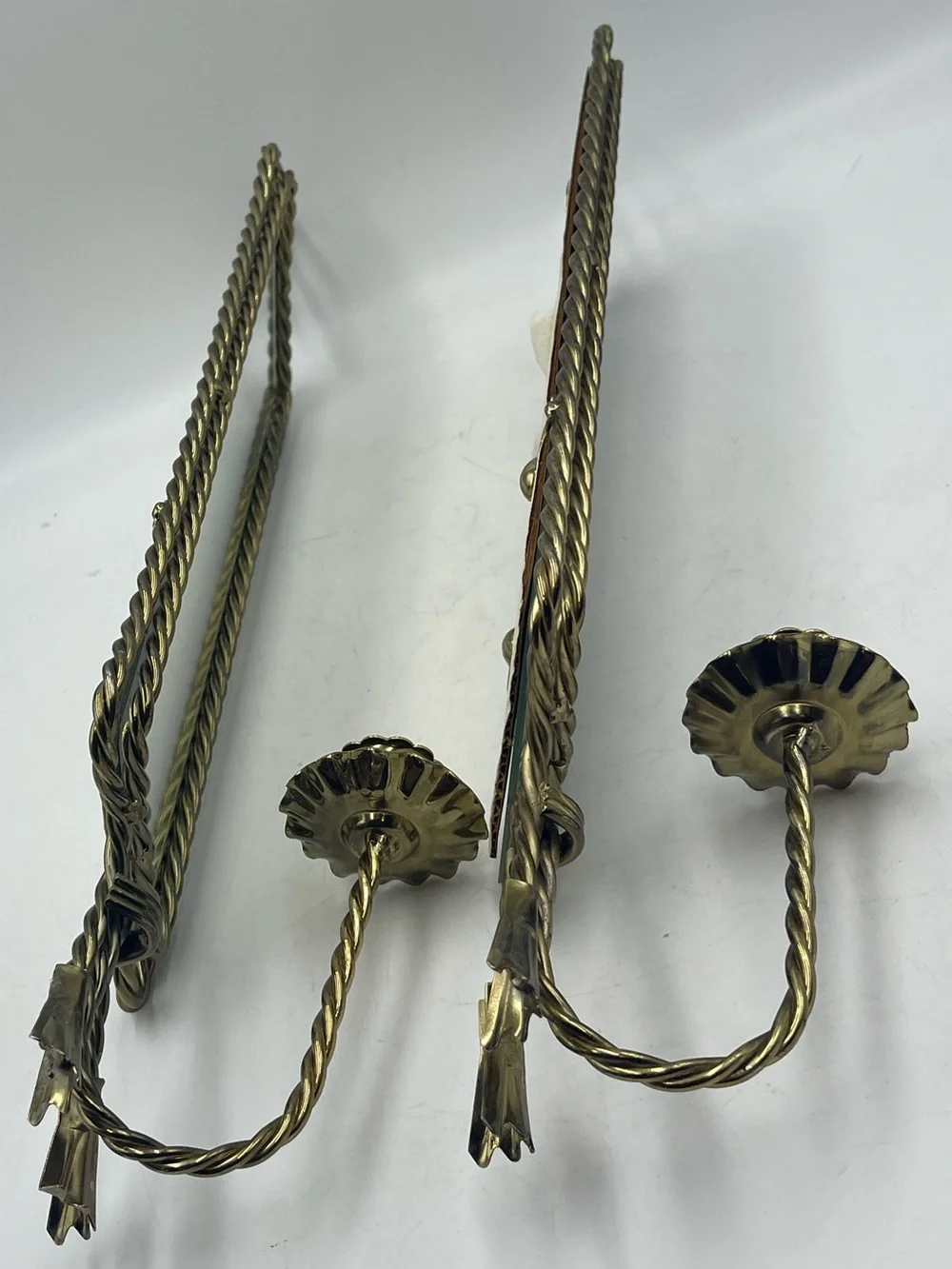 2 Mid Century Hollywood Regency Brass Rope & Tassel Mirrored Candle Wall Sconces